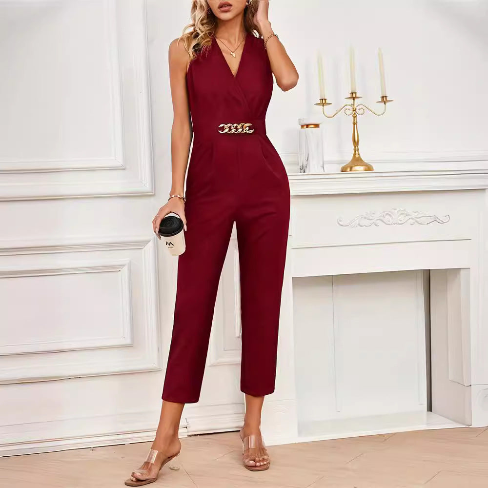 Elegante mono informal ajustado sin mangas con cuello cruzado y hebilla dorada de color liso para oficina, para mujer