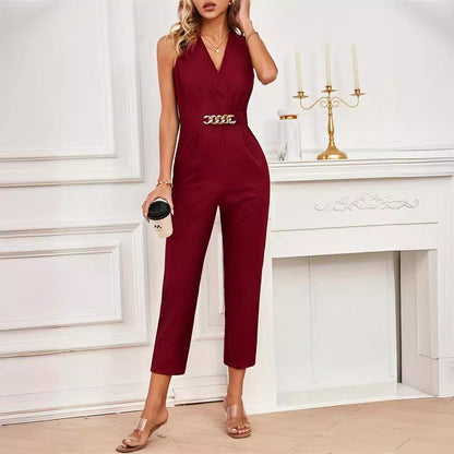 Elegante mono informal ajustado sin mangas con cuello cruzado y hebilla dorada de color liso para oficina, para mujer