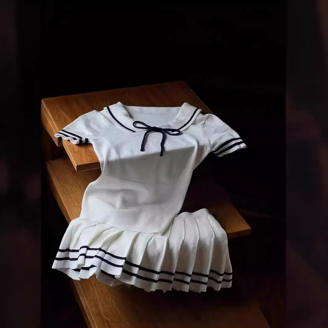 Conjunto de falda plisada y top de punto con cuello polo de manga corta y color contrastante para mujer, estilo informal, de verano
