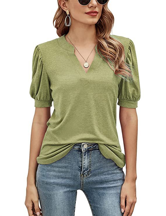 Camiseta holgada informal de verano con cuello en V y mangas abullonadas de color liso para mujer