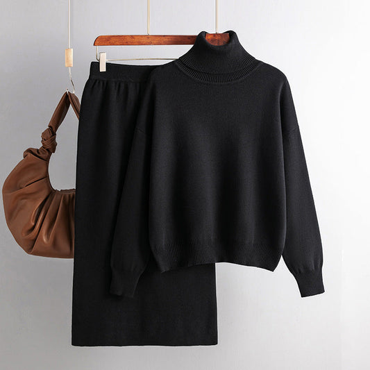Conjunto de dos piezas de jersey de cuello alto y falda tubo de color liso para otoño e invierno, traje de punto para mujer