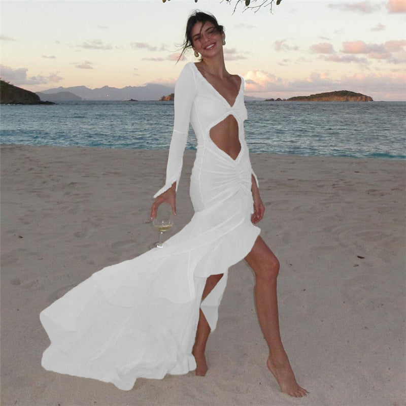 Colección de verano para mujer, vestido ajustado de encaje plisado con escote en V transparente sexy en L con aberturas