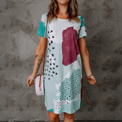 Vestido informal de verano con estampado floral, cuello redondo y manga corta para mujer