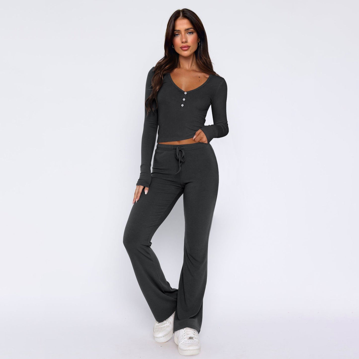 Conjunto de dos piezas de camisa y pantalón casual de manga larga con estampado de dulces y picantes para mujer