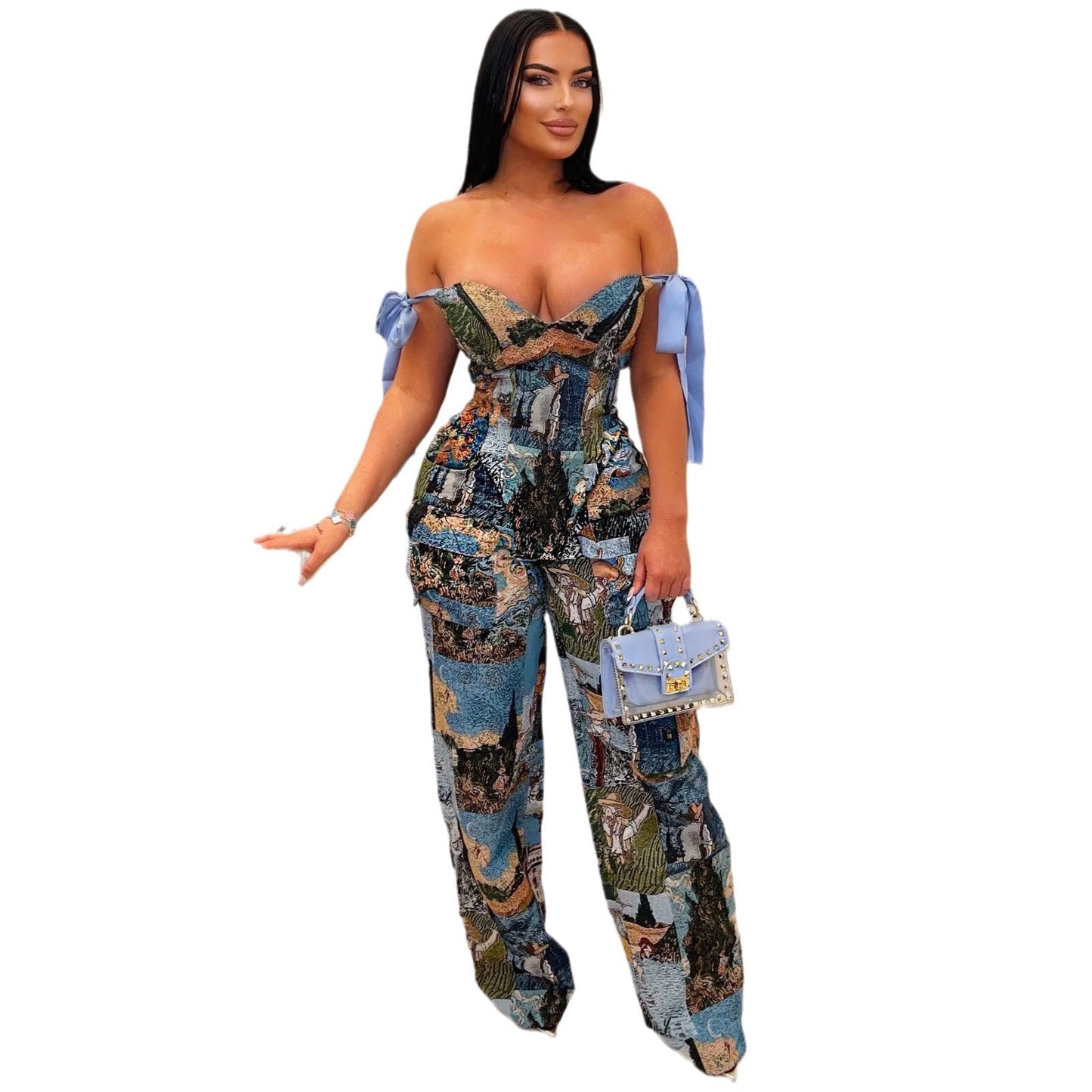 Conjunto de pantalones con múltiples bolsillos, estampado de pintura, correa y cordón ajustable