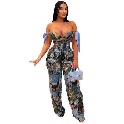 Conjunto de pantalones con múltiples bolsillos, estampado de pintura, correa y cordón ajustable