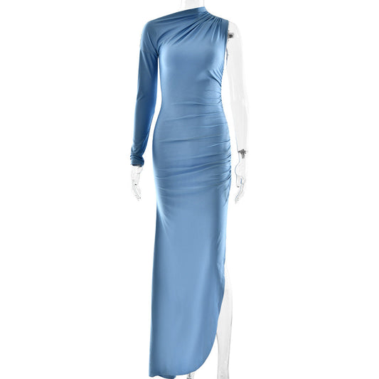 Women Elegant Dress Sexy One Shoulder Sleeves Solid Color Split Slim Dress Long