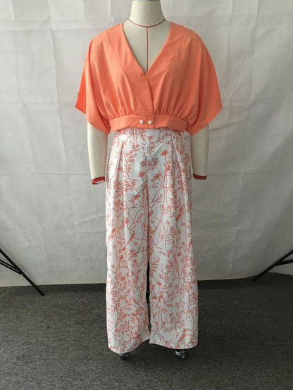Camisa corta con cuello en V de moda, traje estampado de oficina, pantalones anchos, ropa para mujer