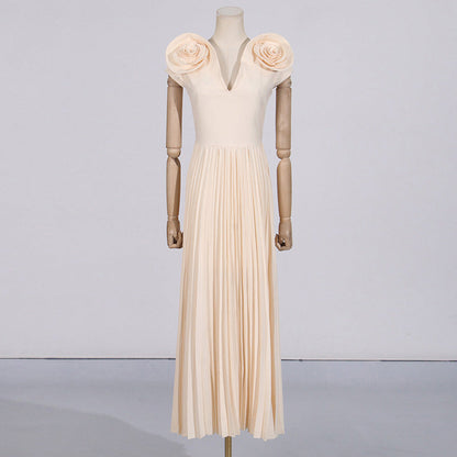 Vestido formal floral grande de alta sociedad 2025, sexy, con escote en V y cintura alta, plisado, para mujer