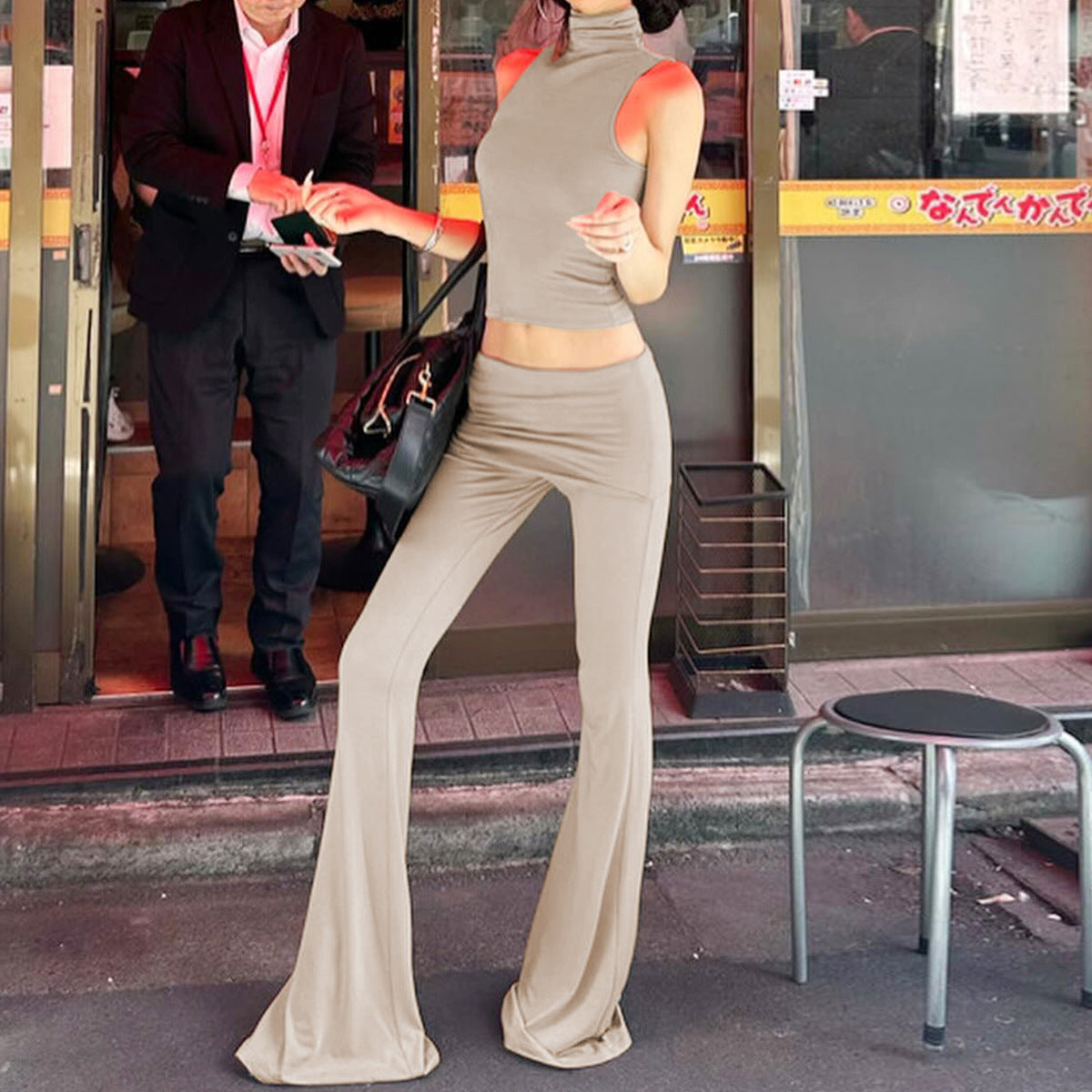 Conjunto de ropa de verano para mujer, top sin mangas personalizado, pantalones acampanados de cintura alta y corte ajustado
