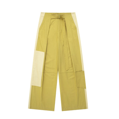 Gabardina de retazos de tela, camisa corta, falda de retazos, decoración de bolsillo, pantalón ajustado, traje para mujer
