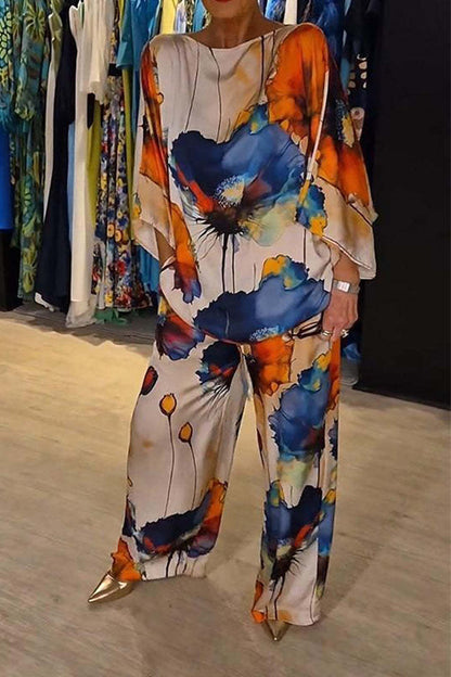 Colección Verano Otoño Estación Independiente Urbana Elegante Satén Cuello Descubierto Suelto Estampado Manga Murciélago Pantalones con Cordón Conjuntos