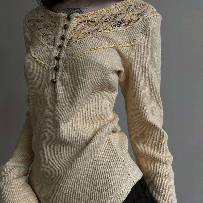 Camiseta de manga larga ajustada con cuello redondo y pespunte de encaje para mujer, ropa de otoño e invierno