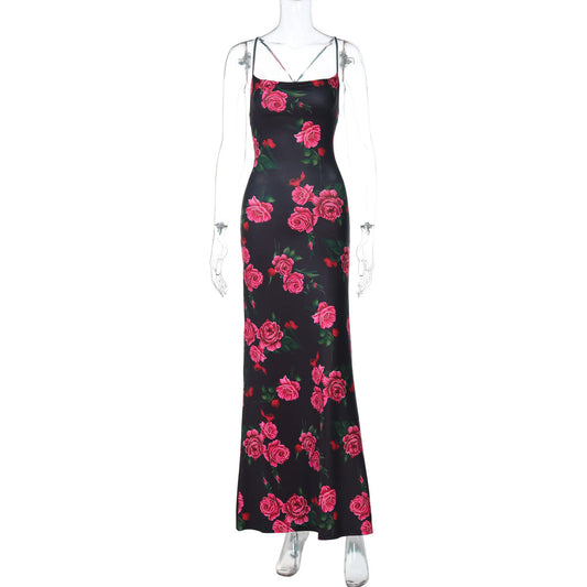 Vestido de primavera para mujer, elegante, con estampado floral, sexy, con espalda descubierta y lazo.