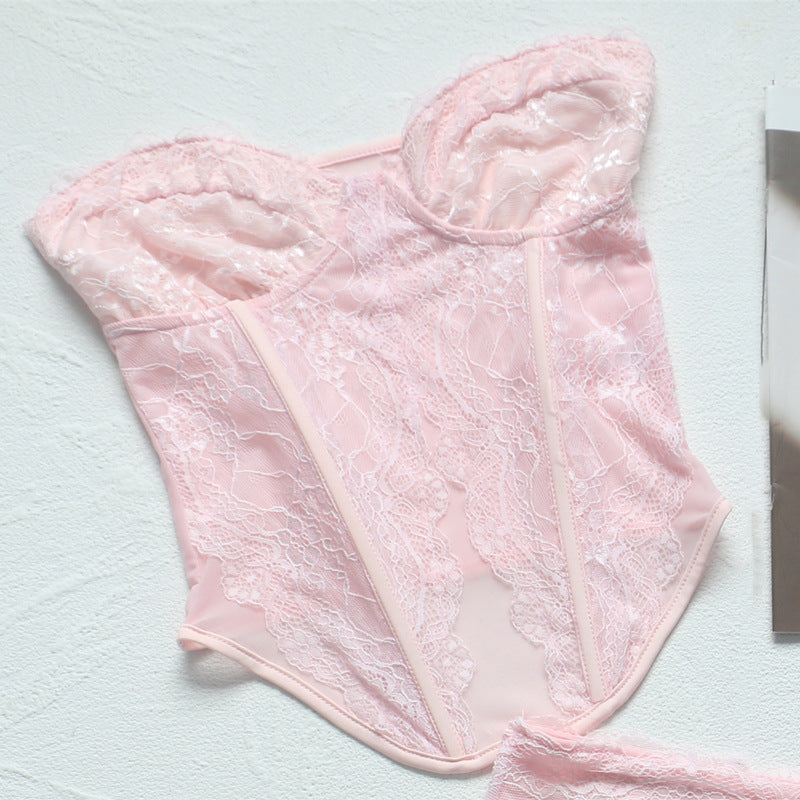 Conjunto de corsé sexy rosa semitransparente con encaje y varillas, top de tubo, chaleco corto, minifalda ultracorta de doble capa para mujer