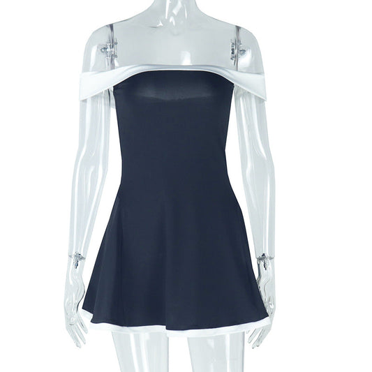 Women Clothing Black White Color Matching Fresh Backless High Waisted off Neck Raglan Sleeve Short Dress