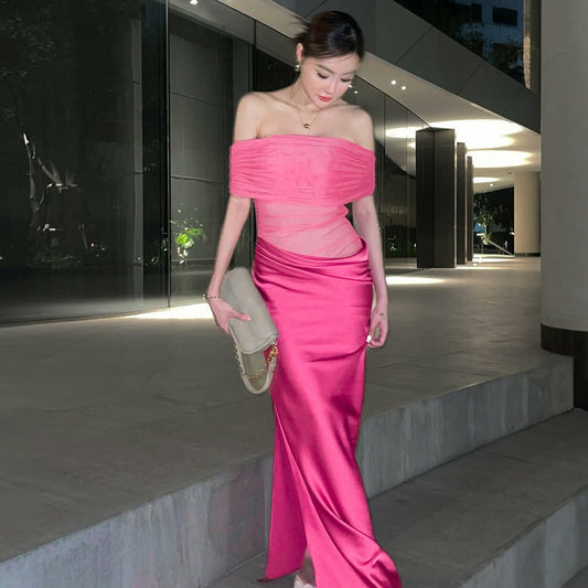 Vestido sexy con hombros descubiertos y costuras transparentes para mujer, primavera y verano