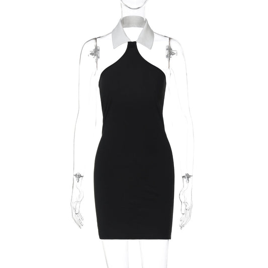 Women Spring Clothing Shirt Collar Halter Sexy Sexy Backless Slim Fit Hip Bag Dress