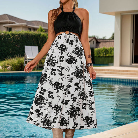 Summer Halterneck Dress High Waist Print Stitching Sleeveless Dress