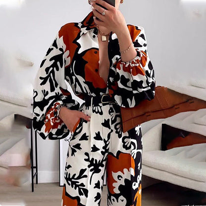 Conjunto informal de dos piezas con estampado bohemio y contraste de colores para mujer de otoño