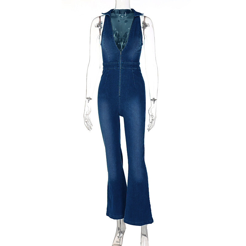 Mono vaquero retro de cintura alta con escote en V sin mangas y cremallera para mujer