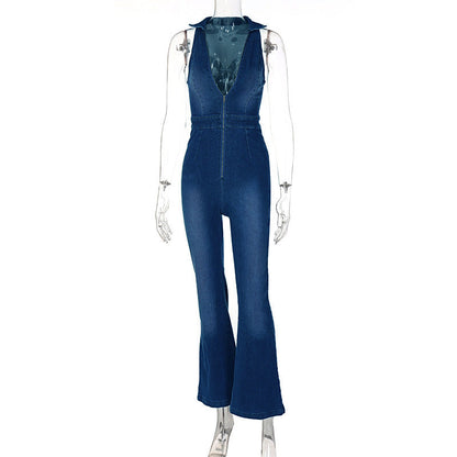 Mono vaquero retro de cintura alta con escote en V sin mangas y cremallera para mujer