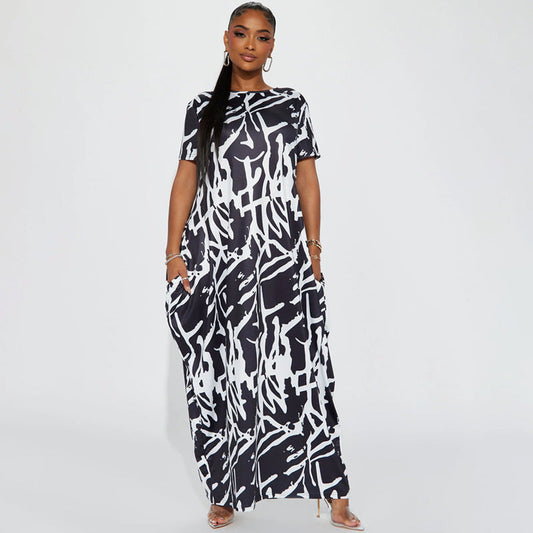 Casual Outing Abstract Printing Black White Short Sleeve Dress Comfortable Home Loose Dress