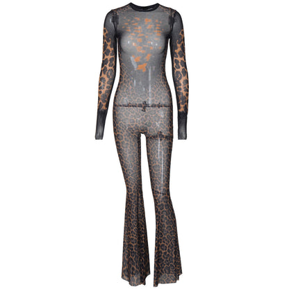 Mono sexy de malla transparente con manga larga y pantalones acampanados estampados para mujer
