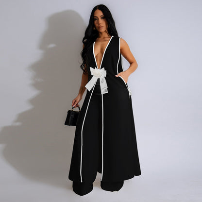 Conjunto de chaleco largo sin mangas con lazo de camelia sexy para mujer, pantalones de pierna ancha