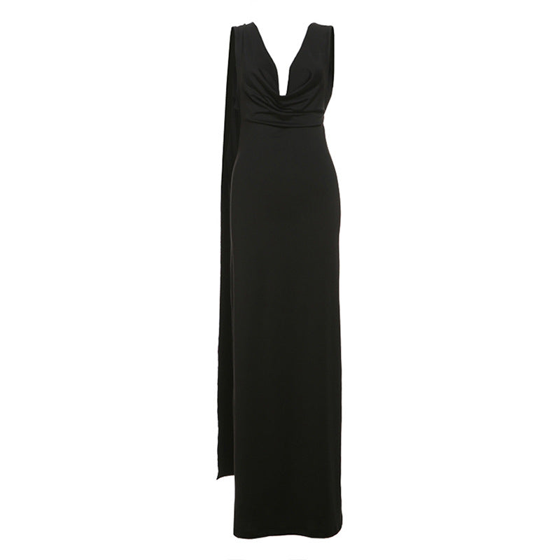 Vestido de noche elegante y sexy sin espalda para mujer, otoño e invierno, cuello alto, color liso