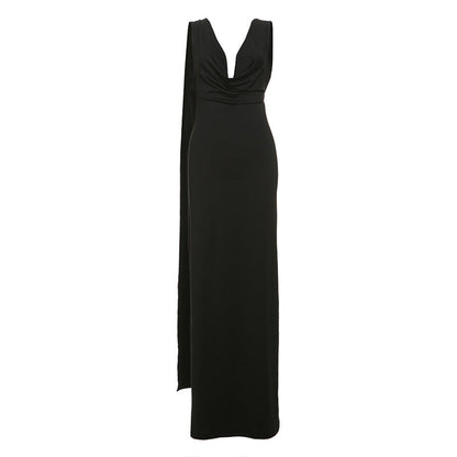 Vestido de noche elegante y sexy sin espalda para mujer, otoño e invierno, cuello alto, color liso