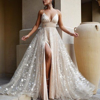 Vestido de mujer con abertura en la cintura y cristales brillantes, vestido amplio con vuelo.