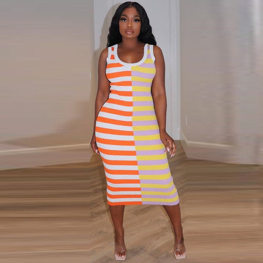 Summer Women Clothing Striped Printed round Neck Sleeveless Sexy Dress