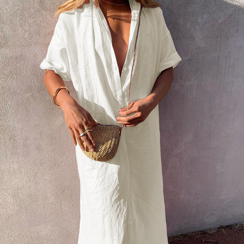 Vestido camisero de lino y algodón de longitud media con solapas sueltas de color liso para mujer de otoño