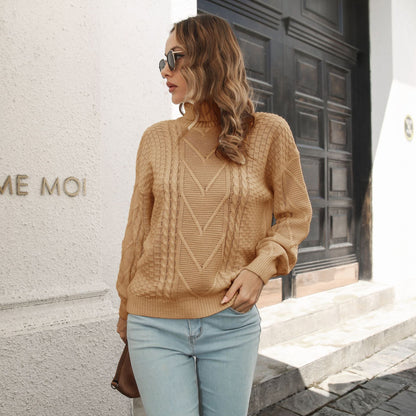 Suéter de cuello alto tridimensional para mujer, suéter holgado de manga larga para otoño e invierno.