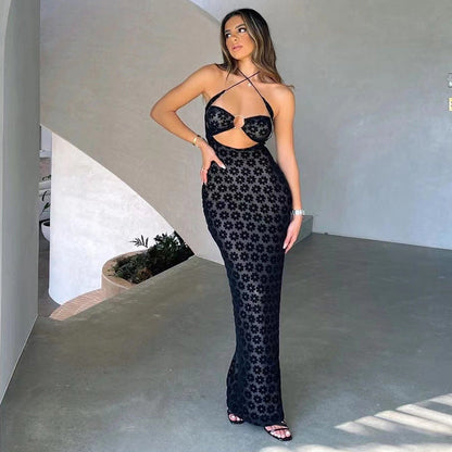 Vestido de verano entrecruzado para mujer, sexy, con cuello halter, aberturas, transparente, ajustado