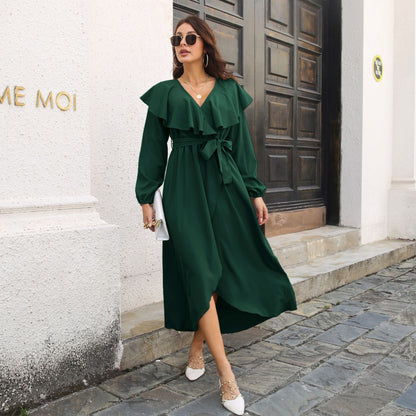 Vestido largo cruzado con escote en V y manga larga con volantes y abertura amplia para mujer