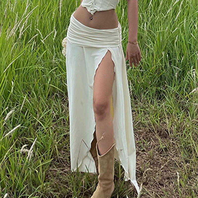 Conjunto de falda con abertura y cintura baja plisada con chaleco de encaje y pecho cruzado sexy de verano