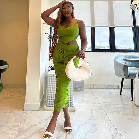 Solid Color Sexy Sling Small Tank Top Hip Casual Two Piece Suit Women