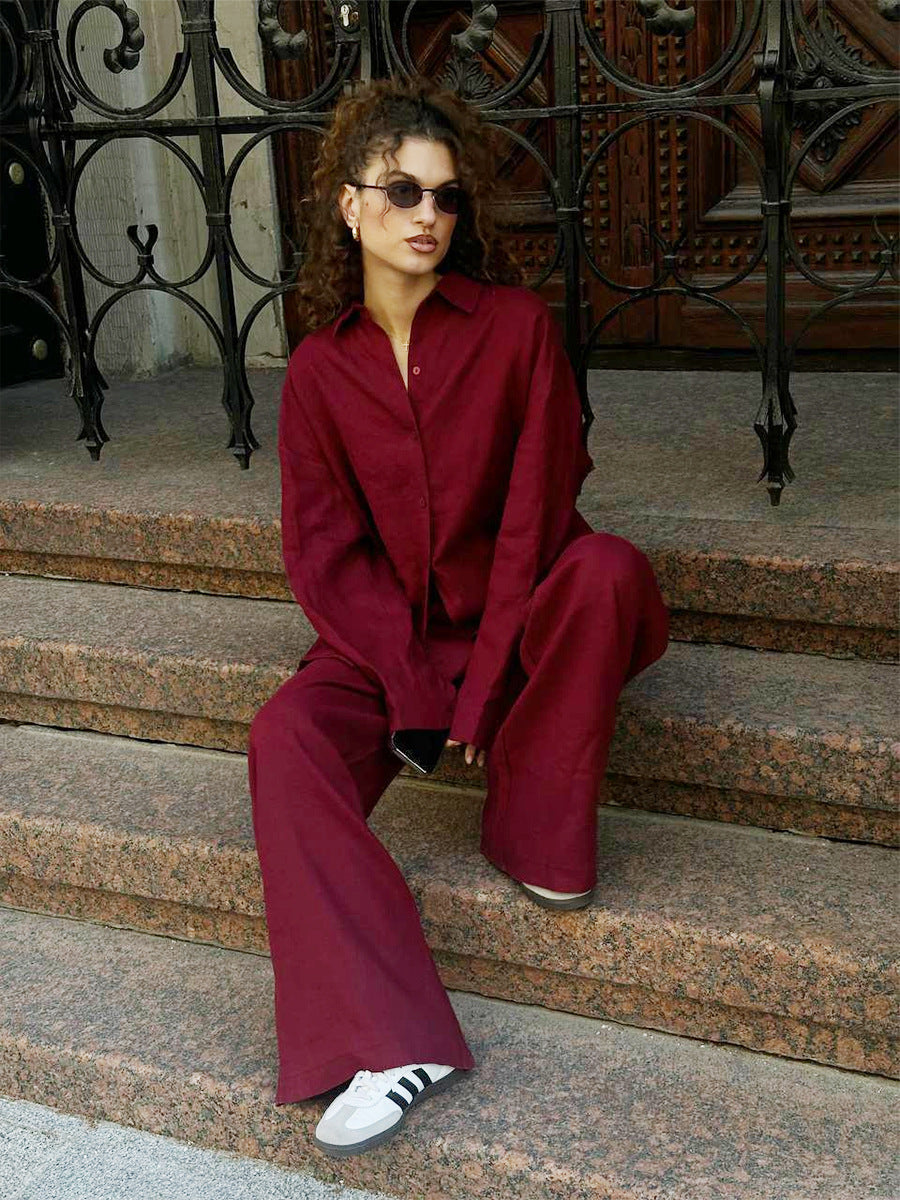 Camisa de algodón Pantalones Primavera Verano Camisa suelta de manga larga Conjuntos casuales de dos piezas para mujer