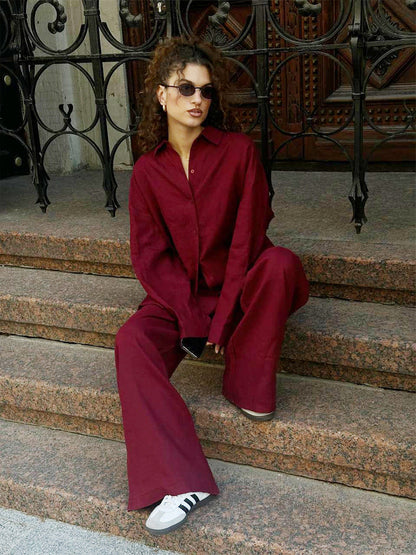 Camisa de algodón Pantalones Primavera Verano Camisa suelta de manga larga Conjuntos casuales de dos piezas para mujer