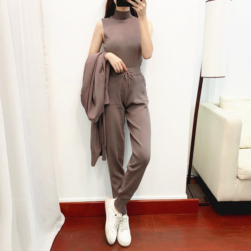 Conjuntos elegantes de moda de otoño para mujer, ropa de estilo occidental, aspecto juvenil, informal, de punto, cárdigan, chaleco, pantalones, conjunto de tres piezas