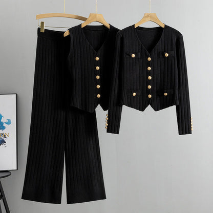 Conjunto de tres piezas de suéter y pantalones de pierna ancha Chanel de corte entallado coreano para mujer, chaleco de punto para primavera y otoño