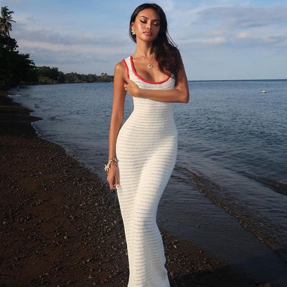 Vestido de otoño para mujer, sexy, de punto con aberturas y espalda descubierta en color contrastante