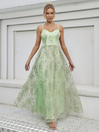 Vestido de noche con escote en V y tirantes, de malla bordada, sin espalda, elegante, para baile, fiesta, dama de honor.