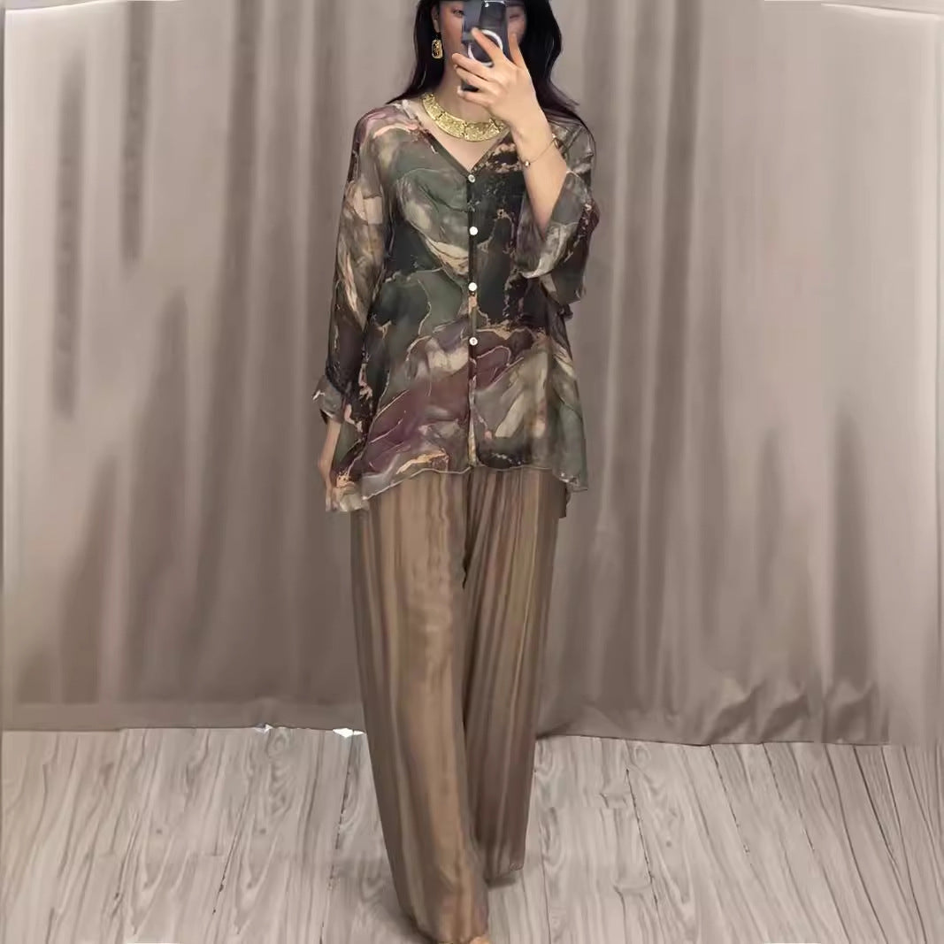 Camisa estampada pintada a mano de primavera, pantalones de pierna ancha, ropa de dos piezas para mujer