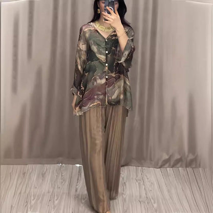 Camisa estampada pintada a mano de primavera, pantalones de pierna ancha, ropa de dos piezas para mujer