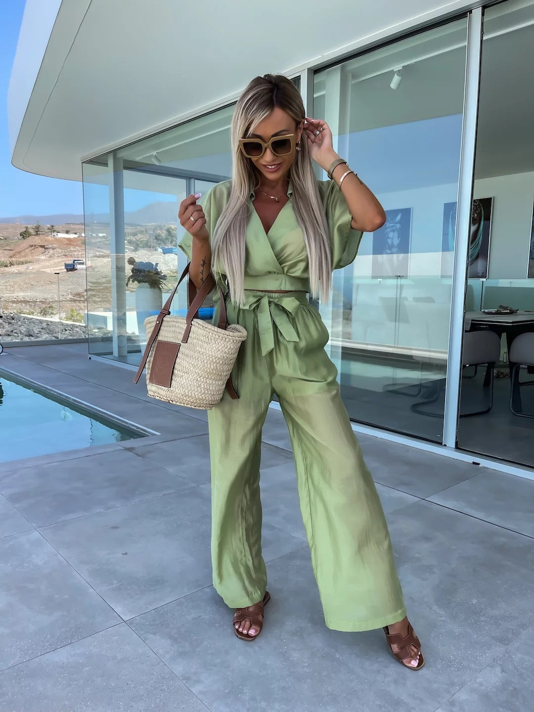 Traje de pantalón de pierna recta con cordones y cintura de seda de color liso con escote en V profundo informal cómodo para primavera y verano