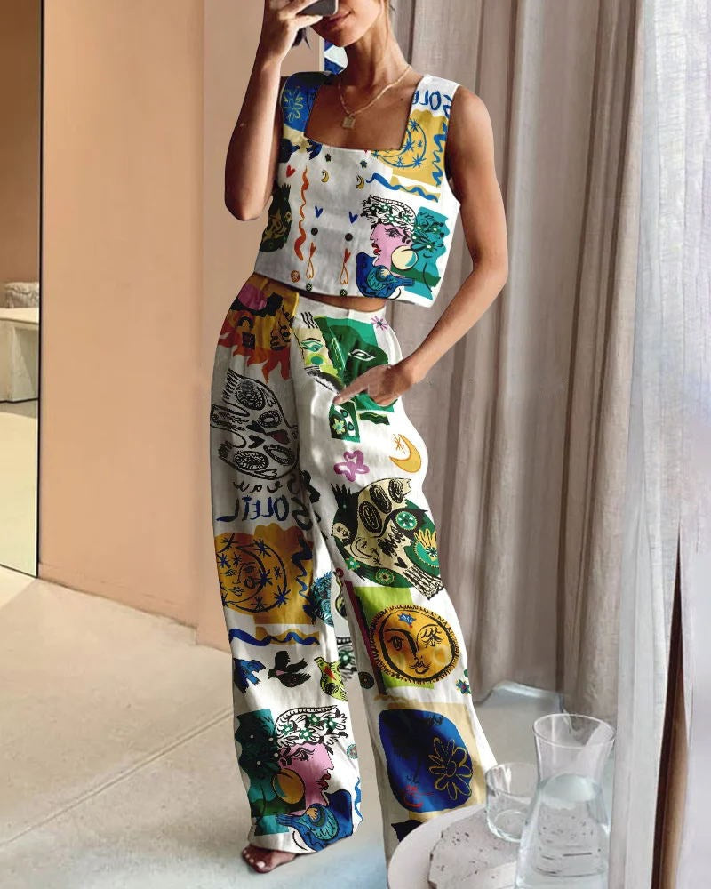 Printed Wide Leg Pants Vest Casual Two Piece Set Women Amplified craft