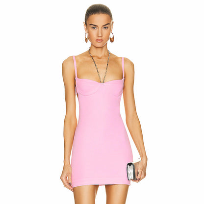 Mini liguero sexy de cadena rosa de verano con aberturas y espalda descubierta para mujer